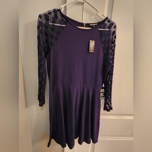 Express Blue Polka Dot Sleeve Fit & Flare Dress